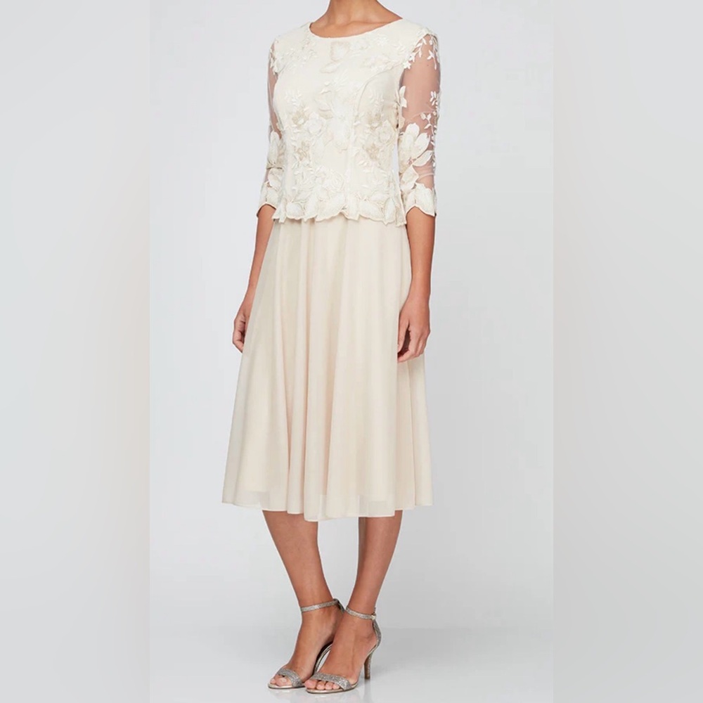 Alex Evenings Embroidered Midi Dress Sleeves Illusion Size 16 NWT - Picture 1 of 9
